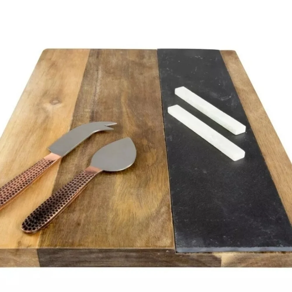 5pc. Refinery & Co Acacia Wood & Slate Cheese Board Set Hammered Copper Knives